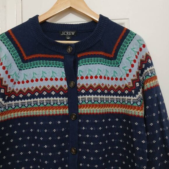 J crew womens large blue red fairisle sweater classic button front Birdseye - Picture 3 of 7